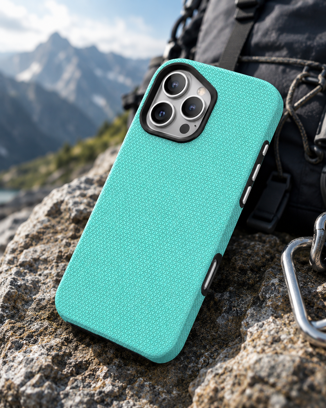 BitzShield Rugged Armor Case for iPhone 15 Pro Max in an outdoor adventure setting