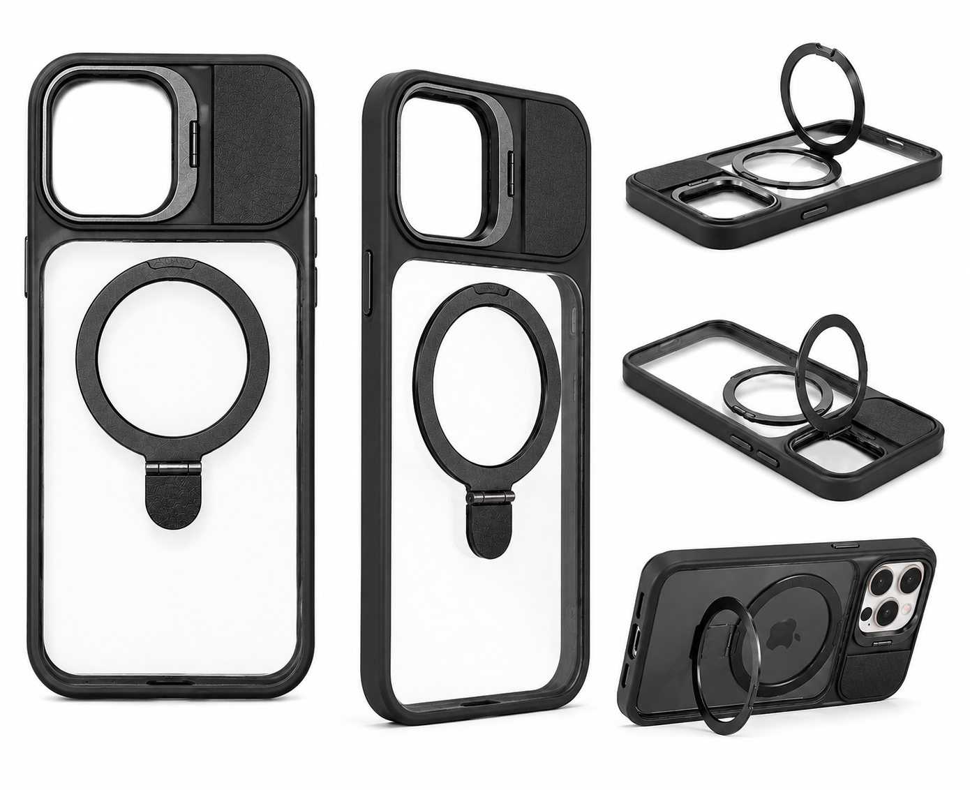 BitzShield Armor Ring Case feature collage showing ring stand, MagSafe support, sliding camera cover, and multiple viewing angles