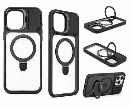 BitzShield Armor Ring Case feature collage showing ring stand, MagSafe support, sliding camera cover, and multiple viewing angles