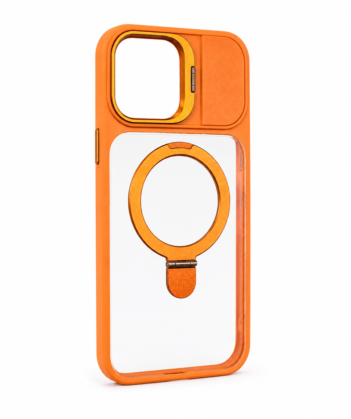 orange BitzShield Armor Ring Case showing side angle and built-in magnetic ring stand