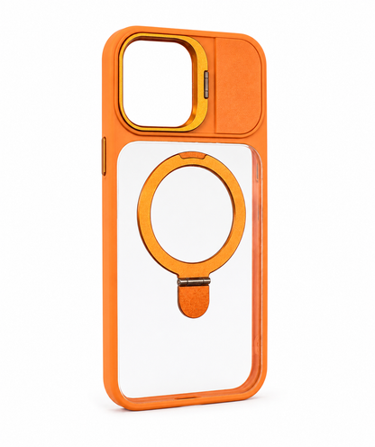 orange BitzShield Armor Ring Case showing side angle and built-in magnetic ring stand
