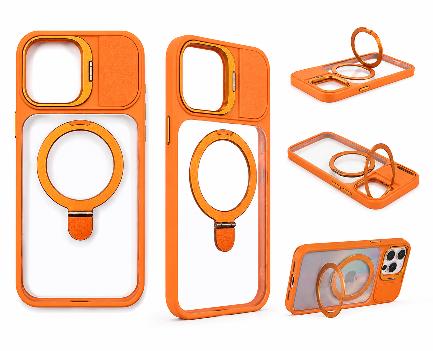 BitzShield Armor Ring Case feature collage showing ring stand, MagSafe support, sliding camera cover, and multiple viewing angles