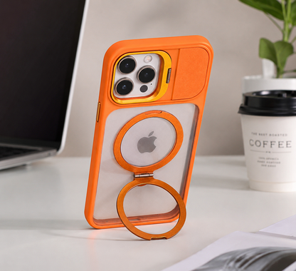 BitzShield Armor Ring Case in everyday desk setup with built-in stand for hands-free viewing