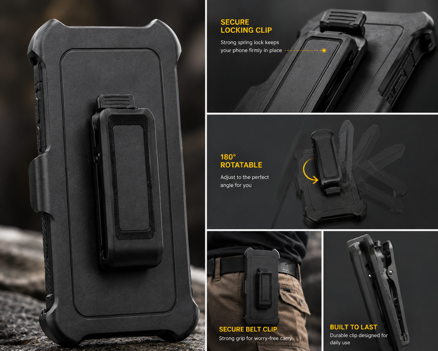 Close-up of rotating belt clip holster on BitzShield Armor Series Defender Case