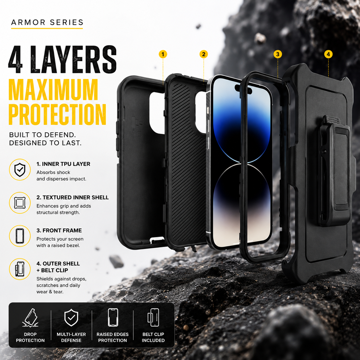 BitzShield Armor Series Defender Case for iPhone 15 Pro Max with heavy-duty multi-layer protection