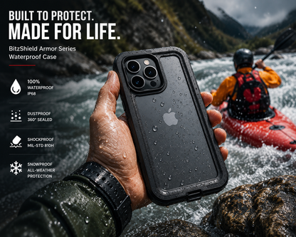 Rugged BitzShield Armor Series Waterproof Case designed for outdoor travel and adventure