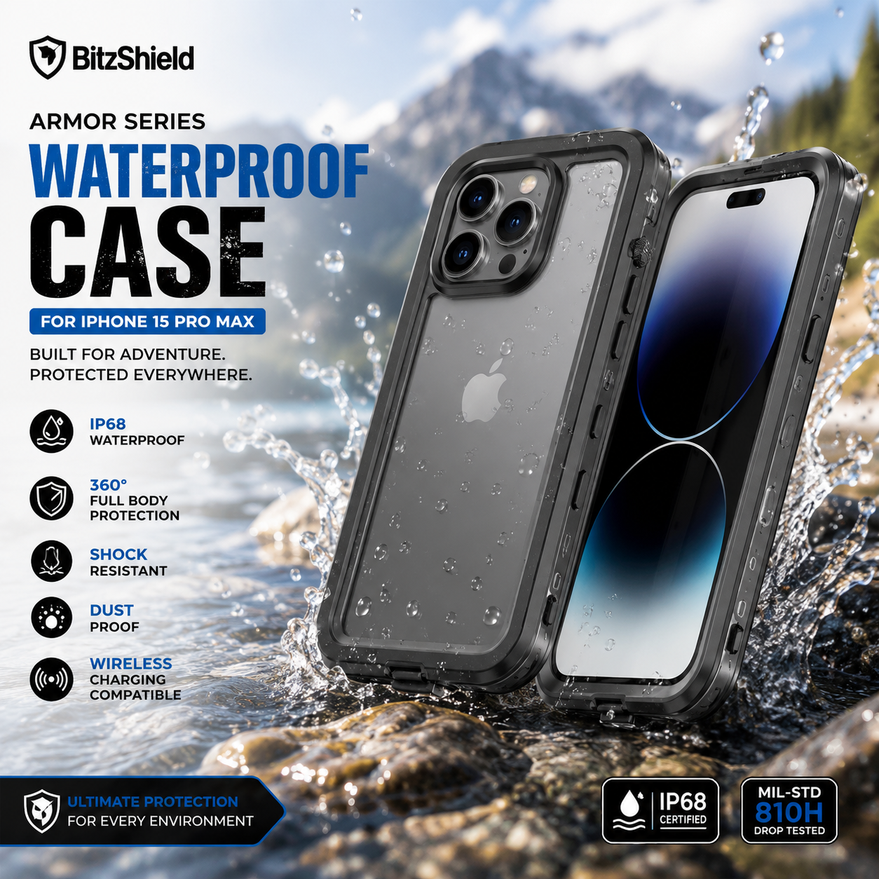 BitzShield Armor Series Waterproof Case for iPhone 15 Pro Max with full body rugged protection