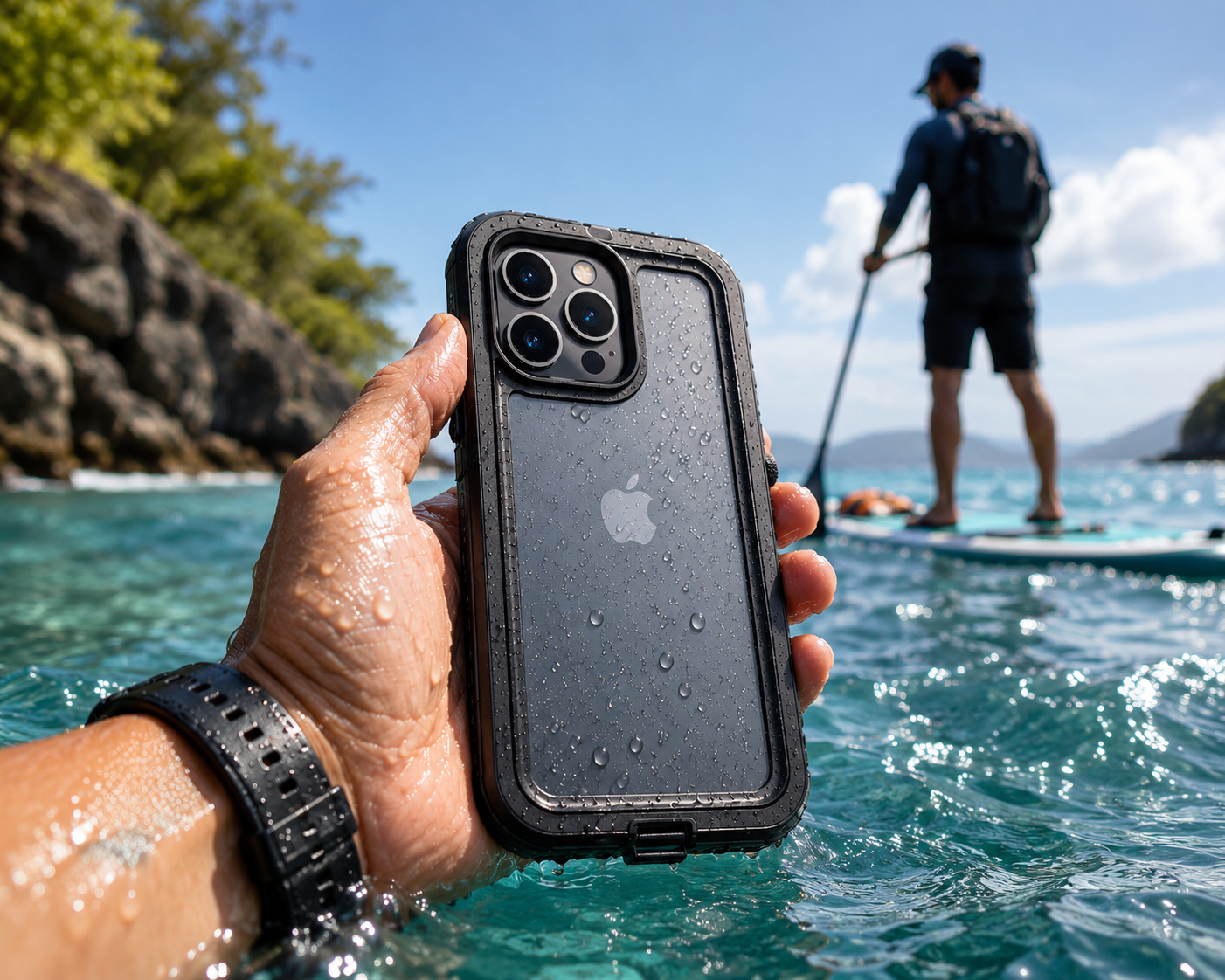 BitzShield Armor Series Waterproof Case used in an outdoor water adventure environment