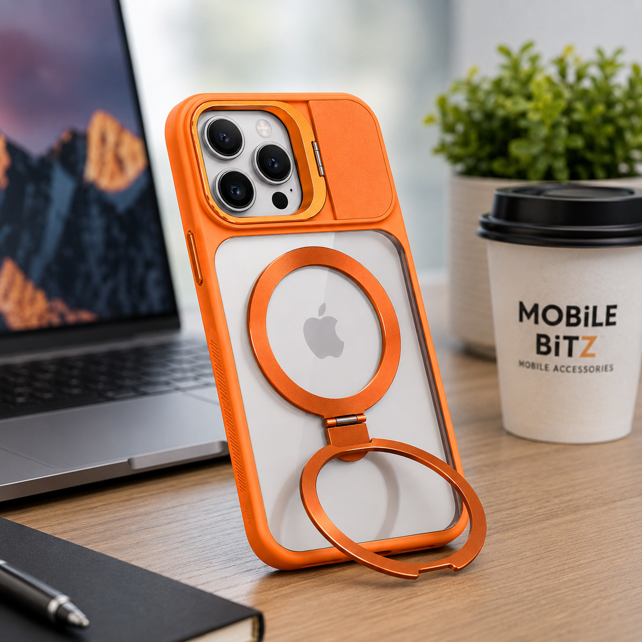 Angled view of BitzShield Camera Guard Ring Stand MagSafe Case for iPhone 15 Pro Max with camera cover and ring stand