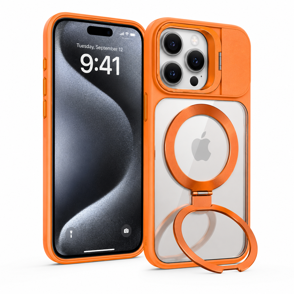 BitzShield Camera Guard Ring Stand MagSafe Case for iPhone 15 Pro Max with sliding camera protection and built-in ring stand