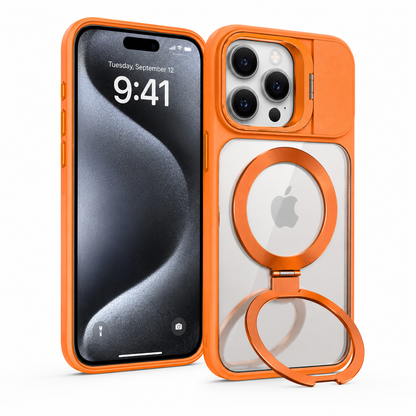 BitzShield Camera Guard Ring Stand MagSafe Case for iPhone 15 Pro Max with sliding camera protection and built-in ring stand