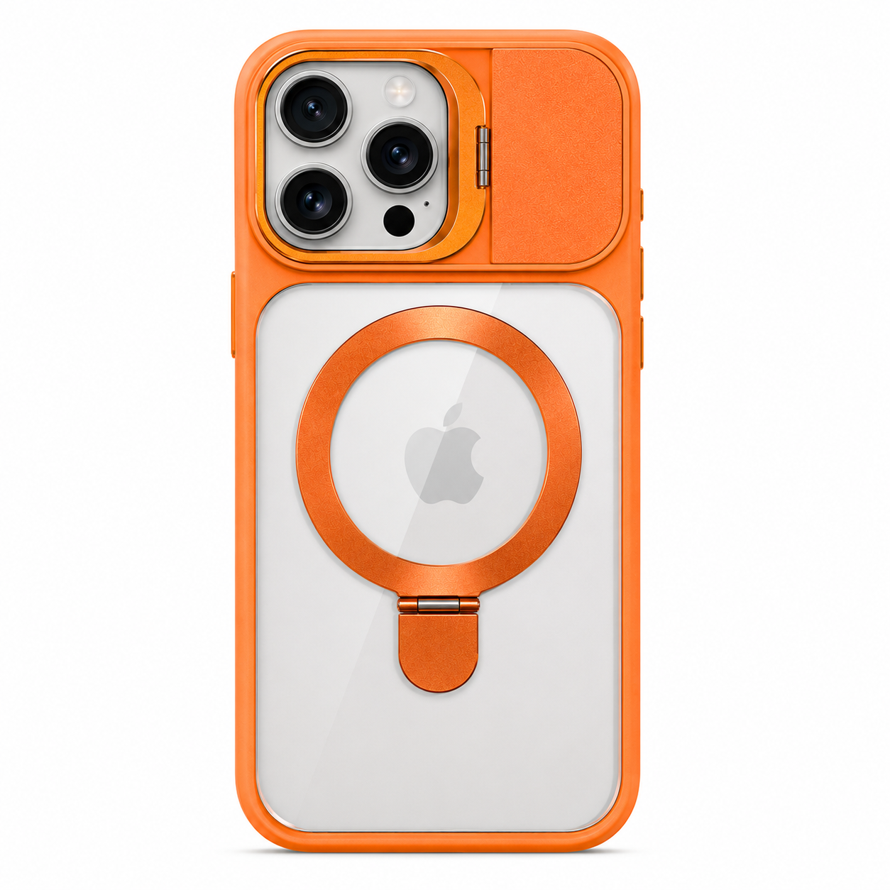 Rear view of BitzShield Camera Guard Ring Stand MagSafe Case for iPhone 15 Pro Max showing clear back and MagSafe ring