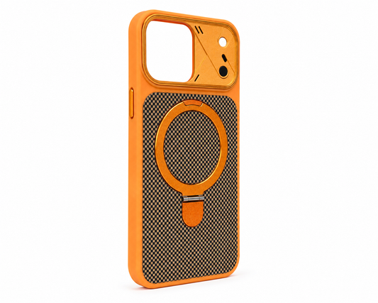 BitzShield Carbon Armor MagSafe Ring Case for iPhone 15 Pro Max in orange carbon finish