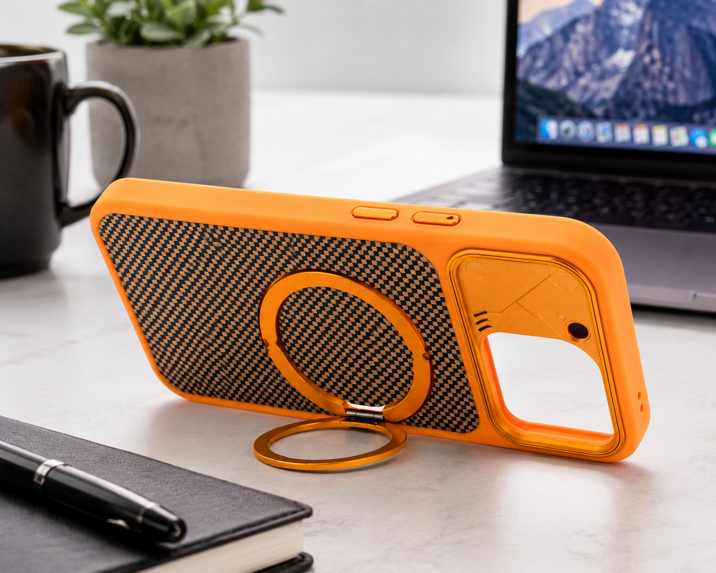 Orange BitzShield Carbon Armor Case with built-in metal ring stand