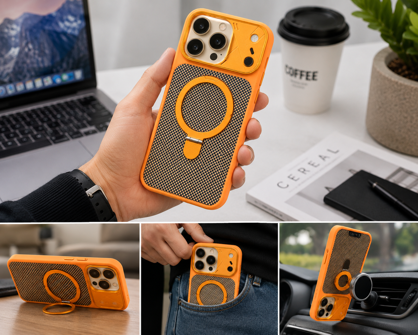 BitzShield Carbon Armor Case featuring MagSafe compatibility and kickstand functionality
