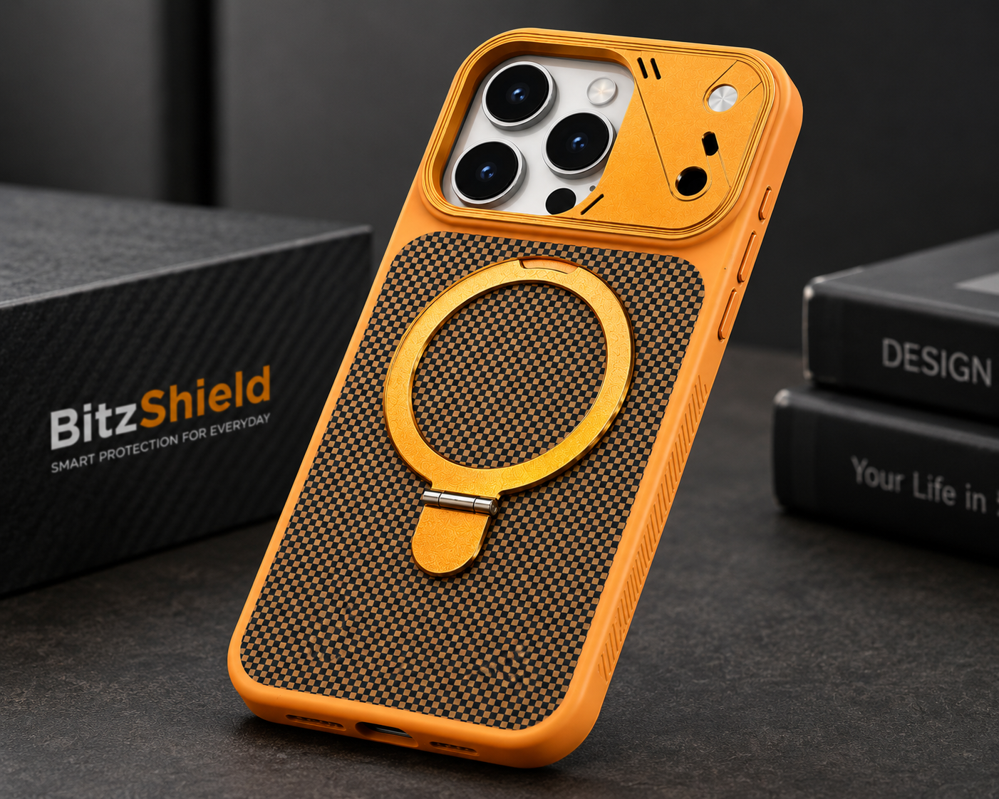 Angled view of BitzShield Carbon Ring Stand MagSafe Case for iPhone 15 Pro Max with MagSafe ring stand