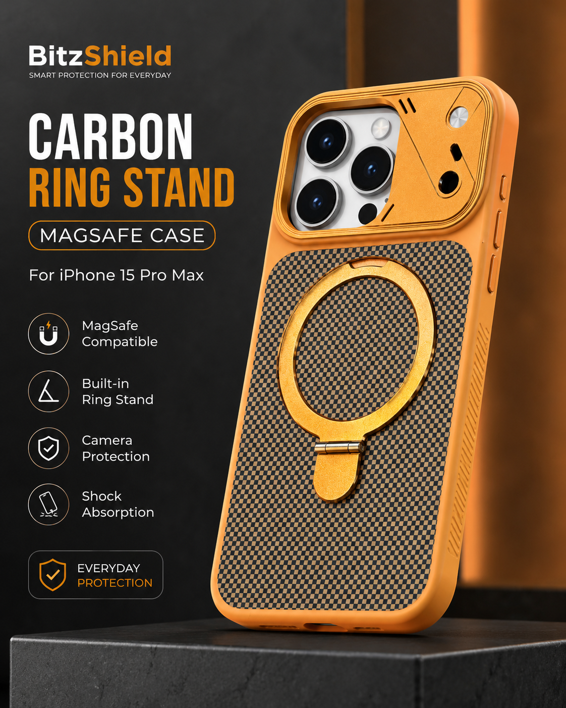 BitzShield Carbon Ring Stand MagSafe Case for iPhone 15 Pro Max with premium carbon-style finish and built-in ring stand