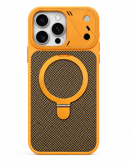 Rear view of BitzShield Carbon Ring Stand MagSafe Case for iPhone 15 Pro Max showing carbon-style back panel