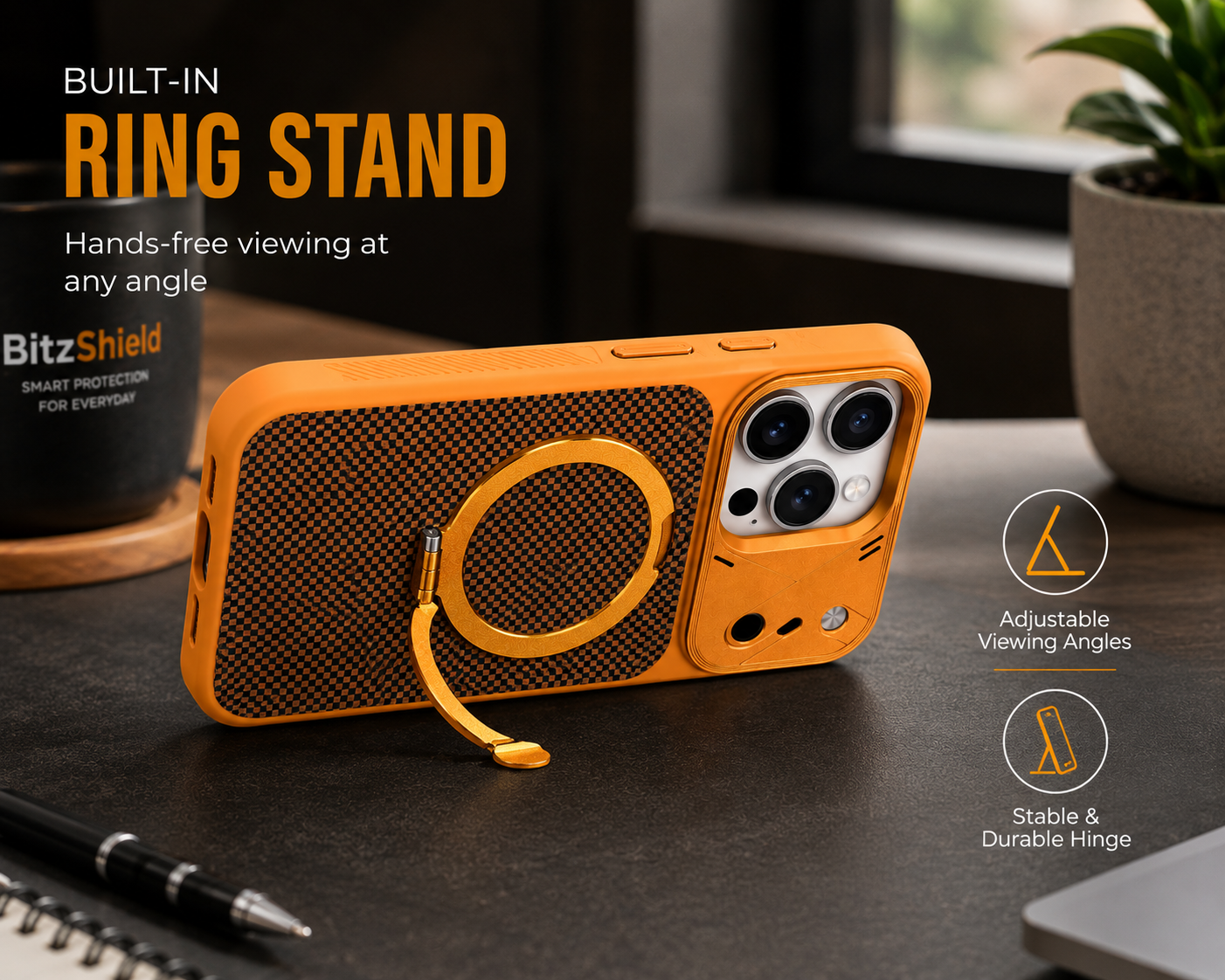 BitzShield Carbon Ring Stand MagSafe Case for iPhone 15 Pro Max displayed in a modern everyday setting