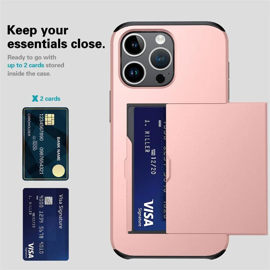 BitzShield Card Slide Case showing hidden card holder compartment for iPhone 15 Pro Max