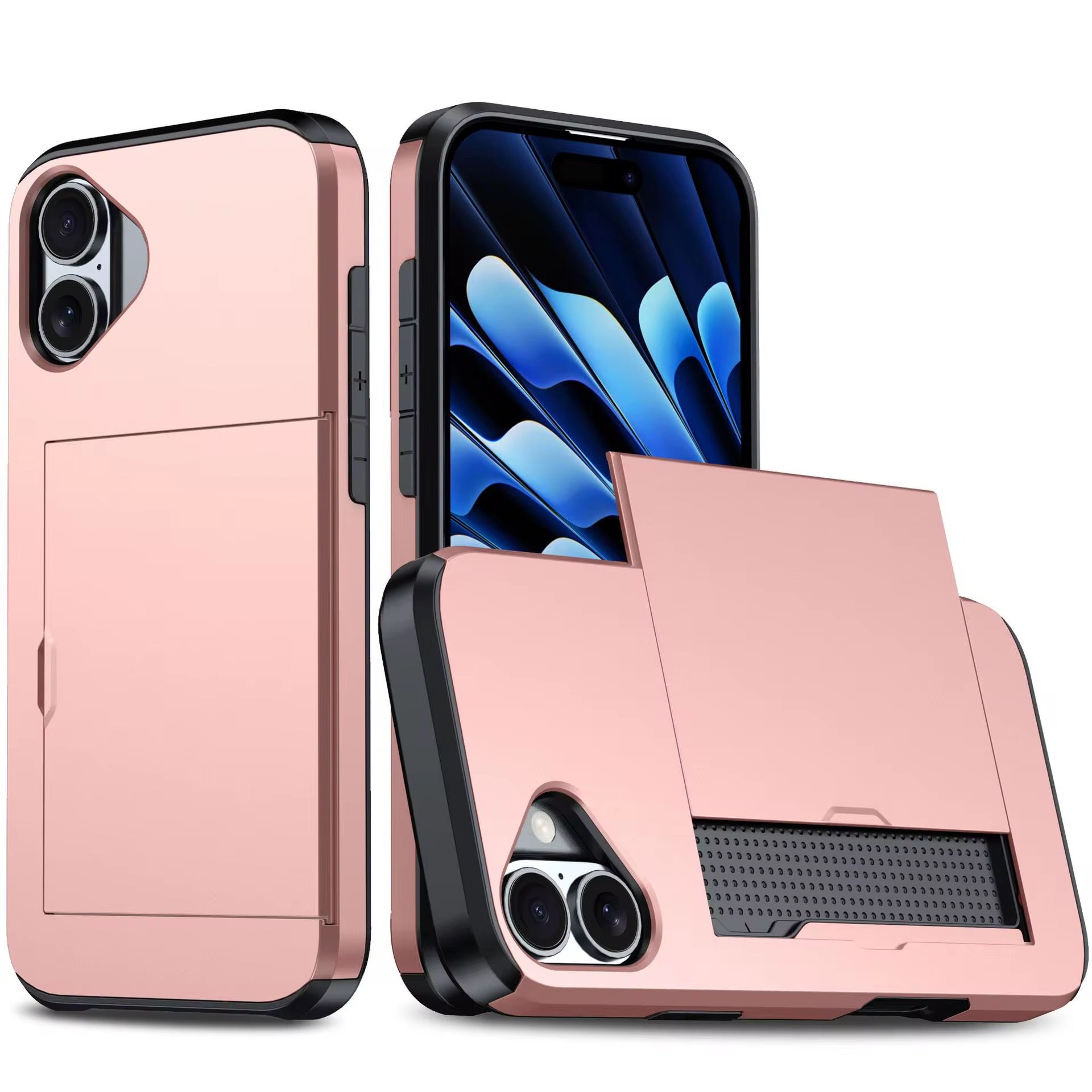BitzShield Card Slide Series Case for iPhone 15 Pro Max with hidden card storage compartment in rose gold