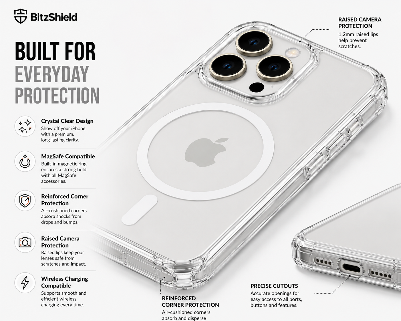BitzShield Clear Armor MagSafe Case for iPhone 15 Pro Max featuring MagSafe compatibility, reinforced corners and raised camera protection