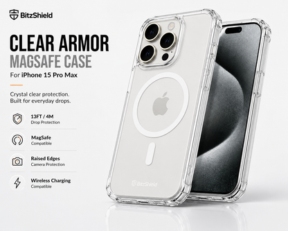 BitzShield Clear Armor MagSafe Case for iPhone 15 Pro Max with crystal clear design and MagSafe compatibility