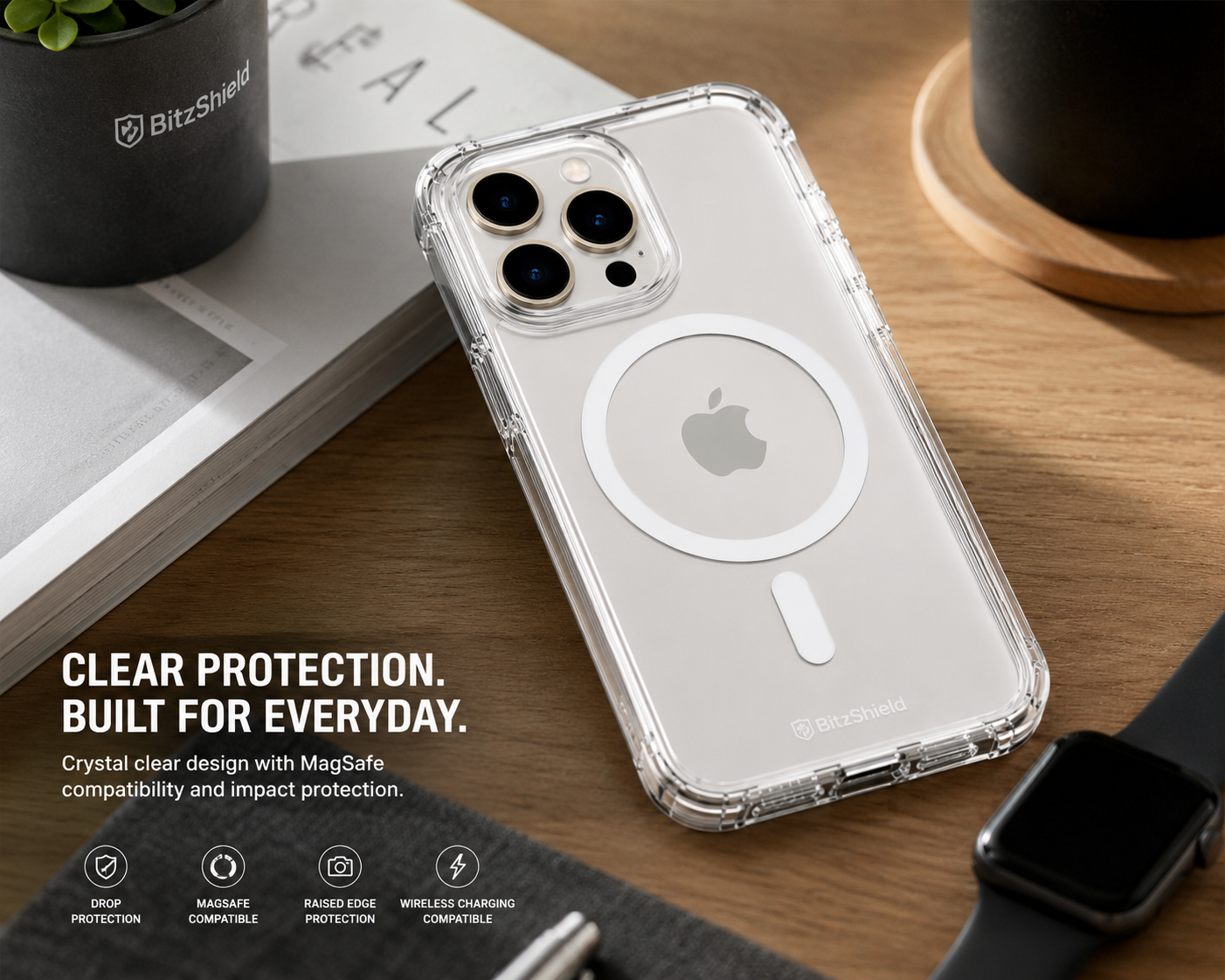 BitzShield Clear Armor MagSafe Case for iPhone 15 Pro Max in everyday workspace lifestyle setting