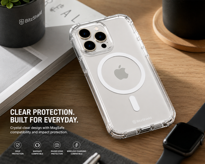 BitzShield Clear Armor MagSafe Case for iPhone 15 Pro Max in everyday workspace lifestyle setting