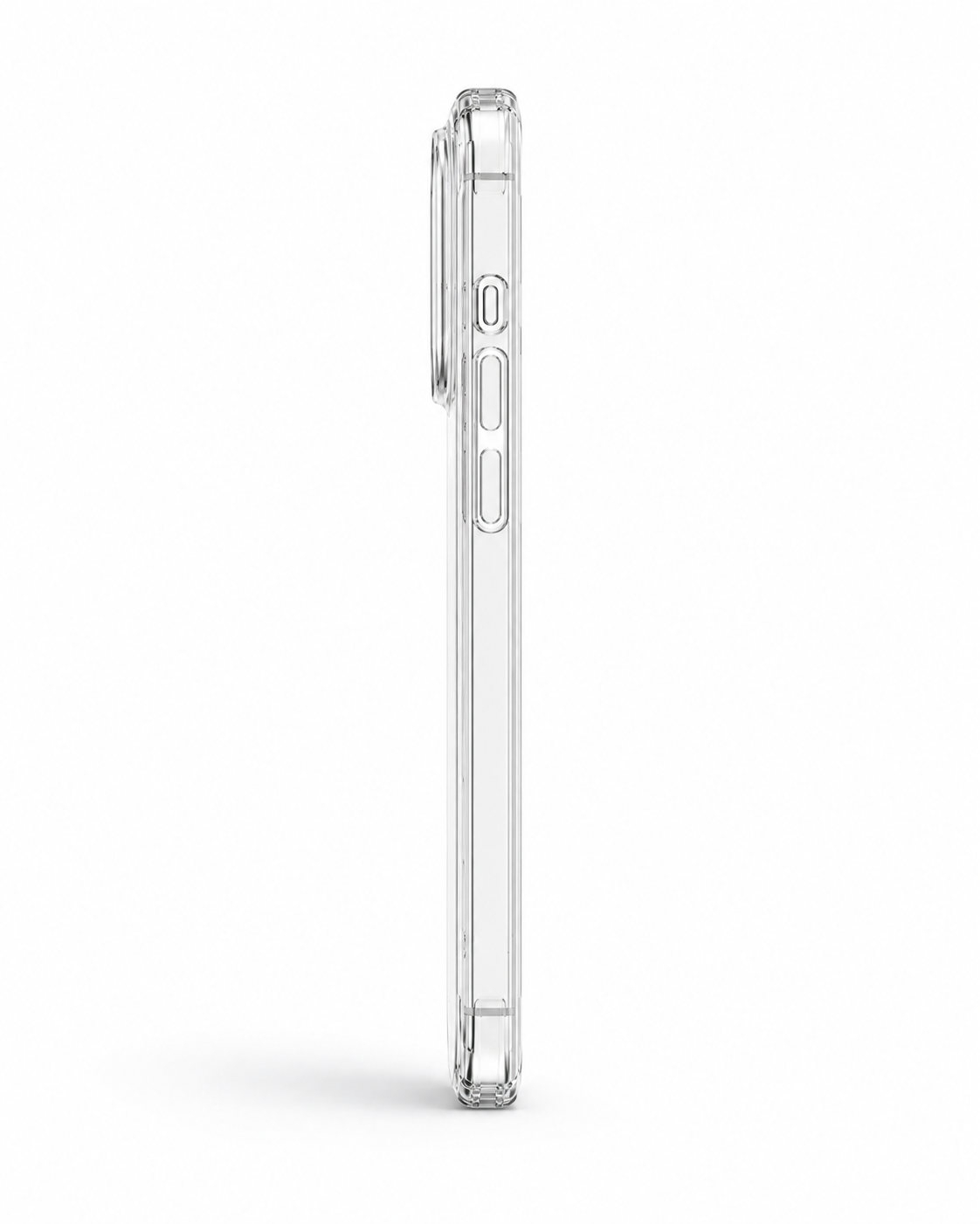 Side profile of BitzShield Clear Armor MagSafe Case for iPhone 15 Pro Max showing slim design and reinforced edges