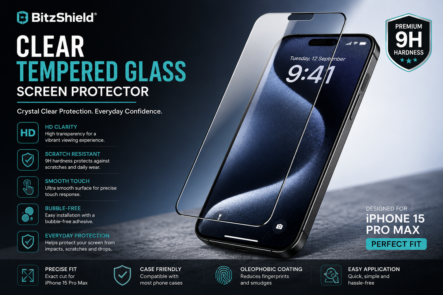 BitzShield Clear Tempered Glass Screen Protector for iPhone 15 Pro Max with HD clarity and scratch resistance