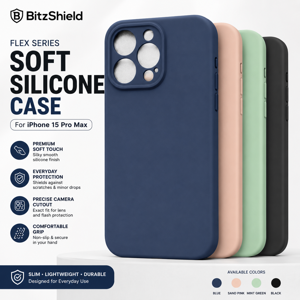 Hero BitzShield Flex Series Soft Silicone Case for iPhone 15 Pro Max with premium soft-touch silicone finish