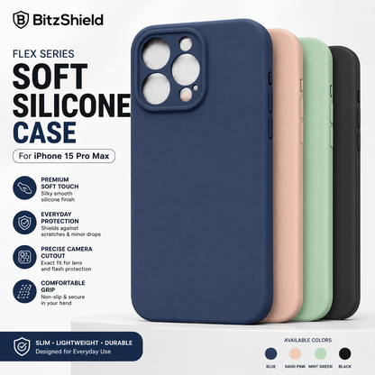 Hero BitzShield Flex Series Soft Silicone Case for iPhone 15 Pro Max with premium soft-touch silicone finish