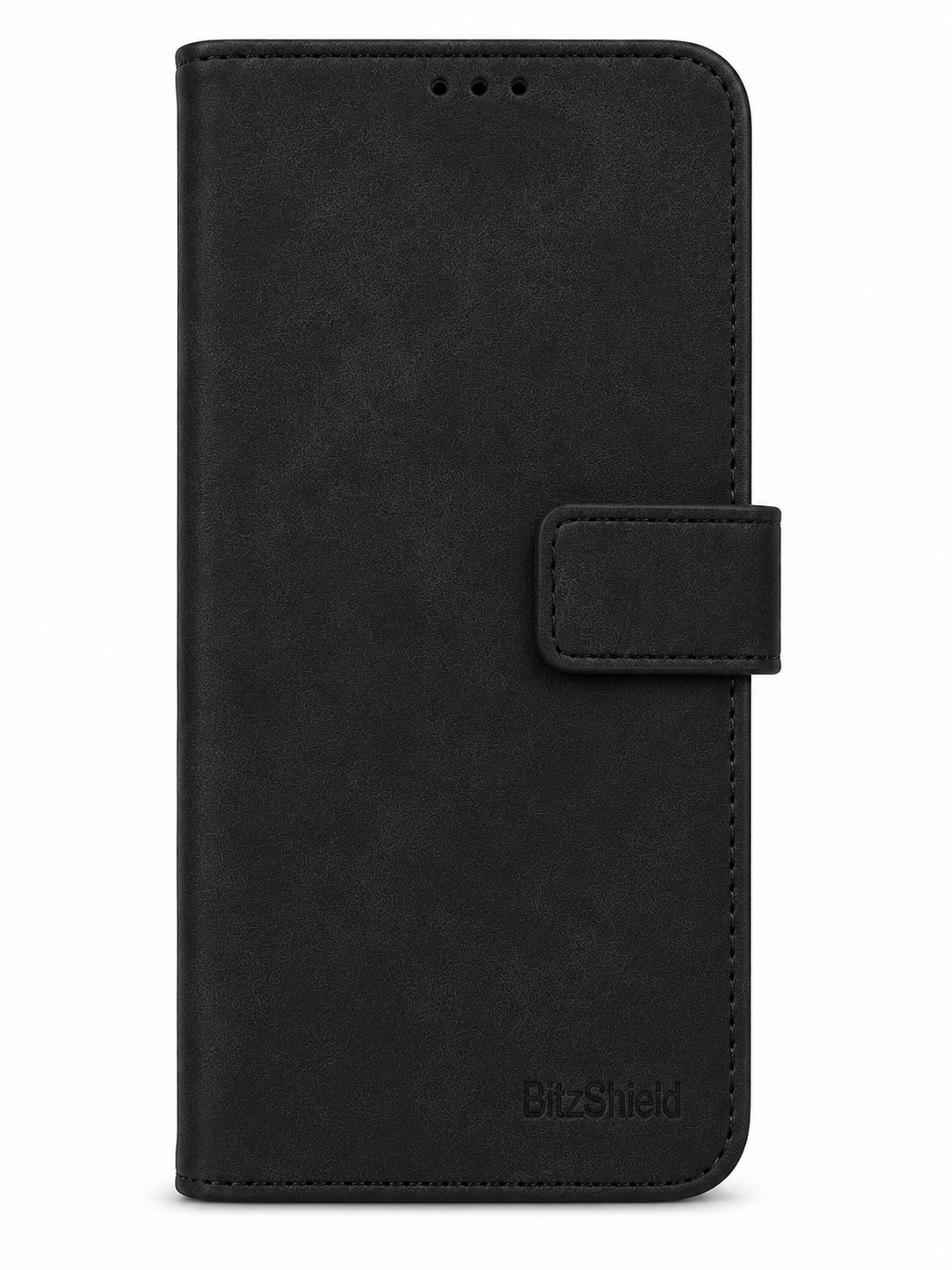 Black BitzShield Flip Wallet Case front view with magnetic closure