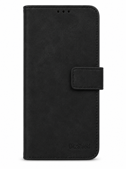 Black BitzShield Flip Wallet Case front view with magnetic closure