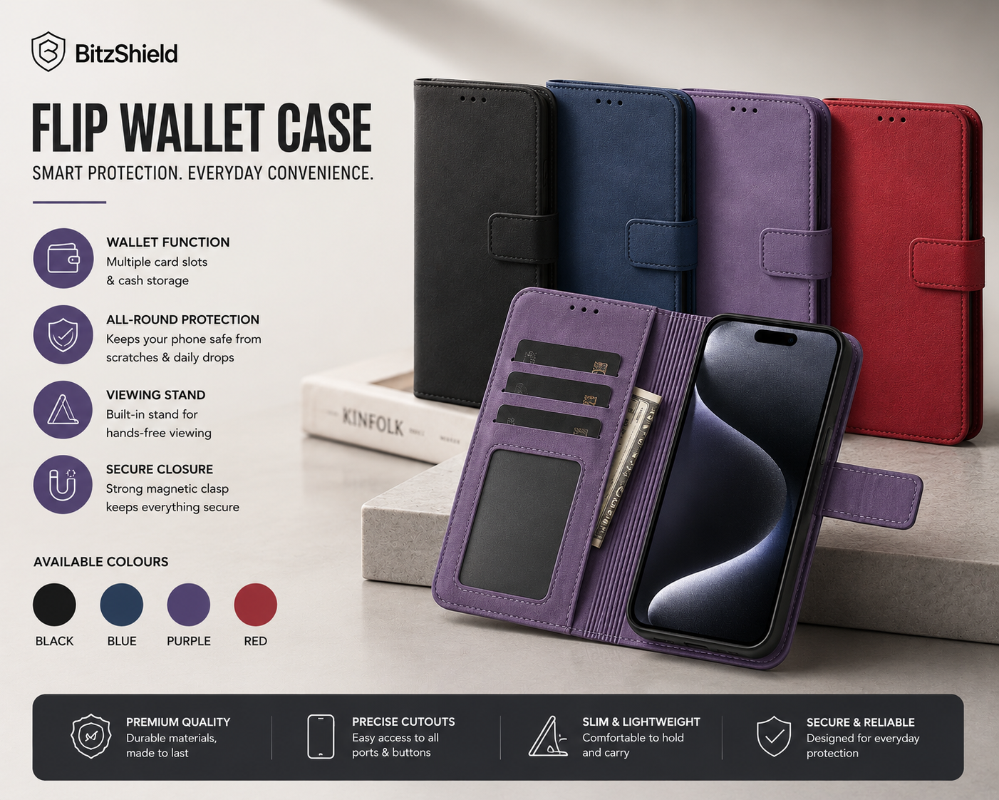 BitzShield Flip Wallet Case for iPhone 15 Pro Max available in Black, Blue, Purple and Red