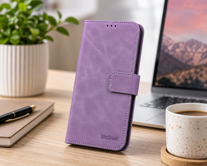 Purple BitzShield Flip Wallet Case angled view showing premium leather texture