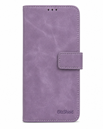 Purple BitzShield Flip Wallet Case front view with magnetic closure