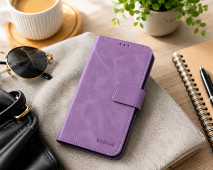 Purple BitzShield Flip Wallet Case used in a café lifestyle setting