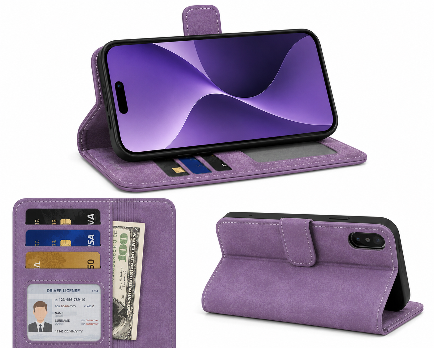 Purple BitzShield Flip Wallet Case in an everyday work and travel lifestyle scene