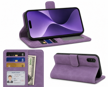 Purple BitzShield Flip Wallet Case in an everyday work and travel lifestyle scene