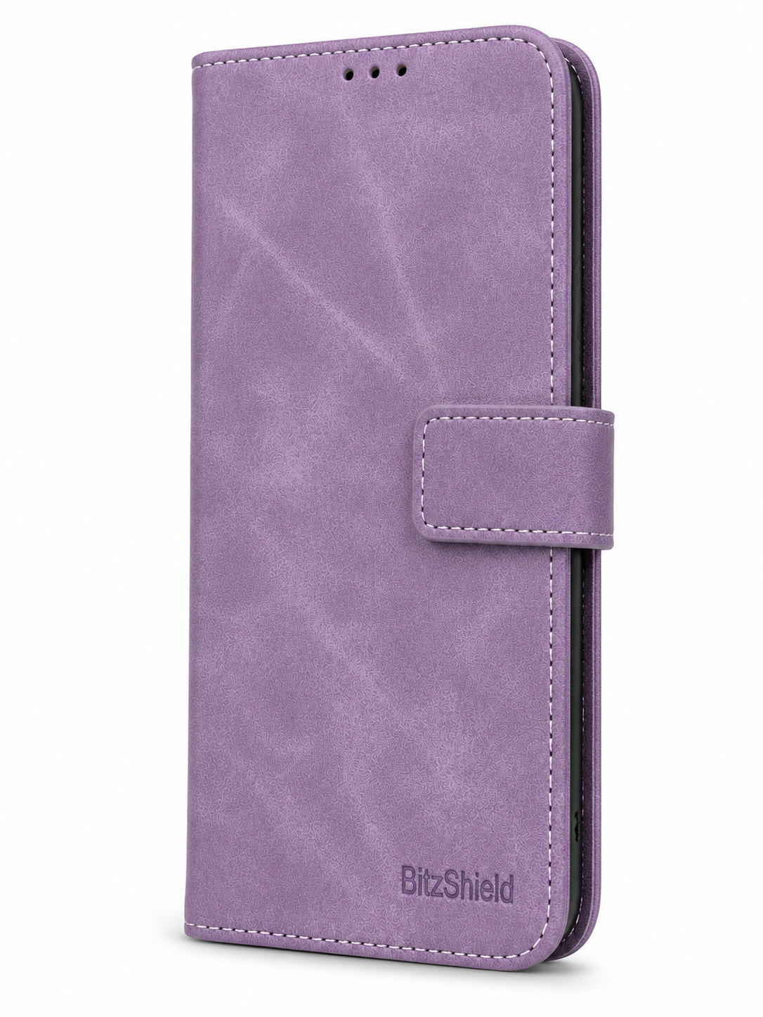 Purple BitzShield Flip Wallet Case rear view showing camera cutout