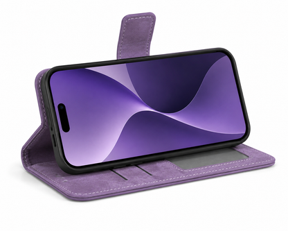 Purple BitzShield Flip Wallet Case used as a hands-free viewing stand