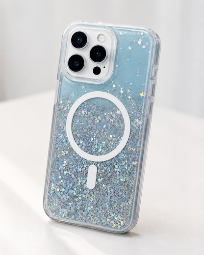 BitzShield blue glitter MagSafe case displayed in a modern home and office setting