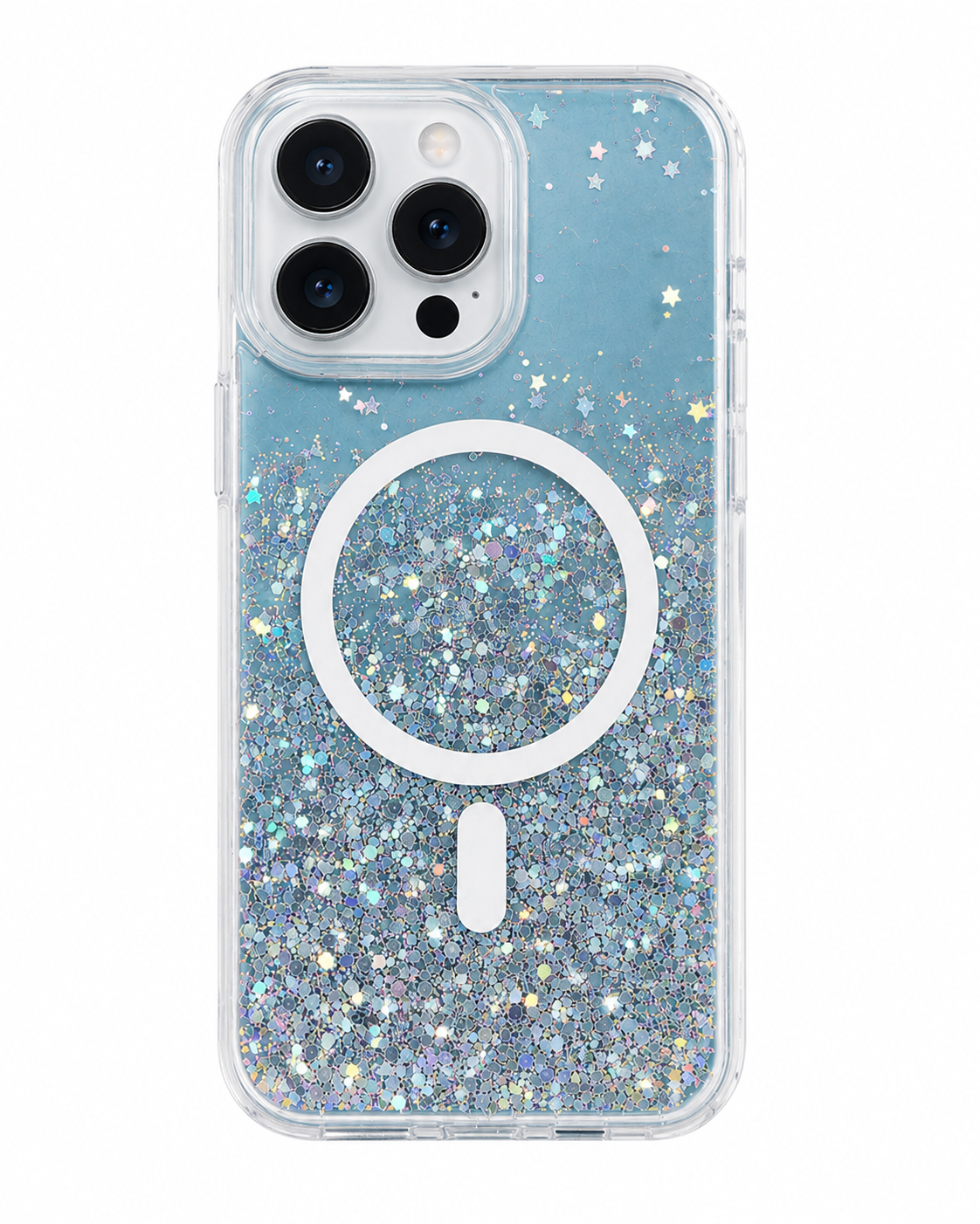 BitzShield Glitter MagSafe Case with blue holographic sparkle design and magnetic charging compatibility