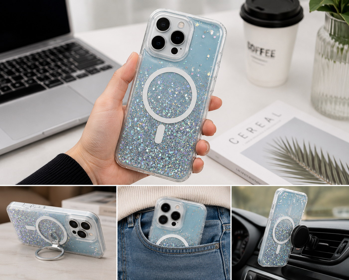BitzShield blue glitter MagSafe case displayed in a modern home and office setting