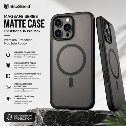 BitzShield MagSafe Series Matte Case for iPhone 15 Pro Max with premium frosted finish and MagSafe compatibility
