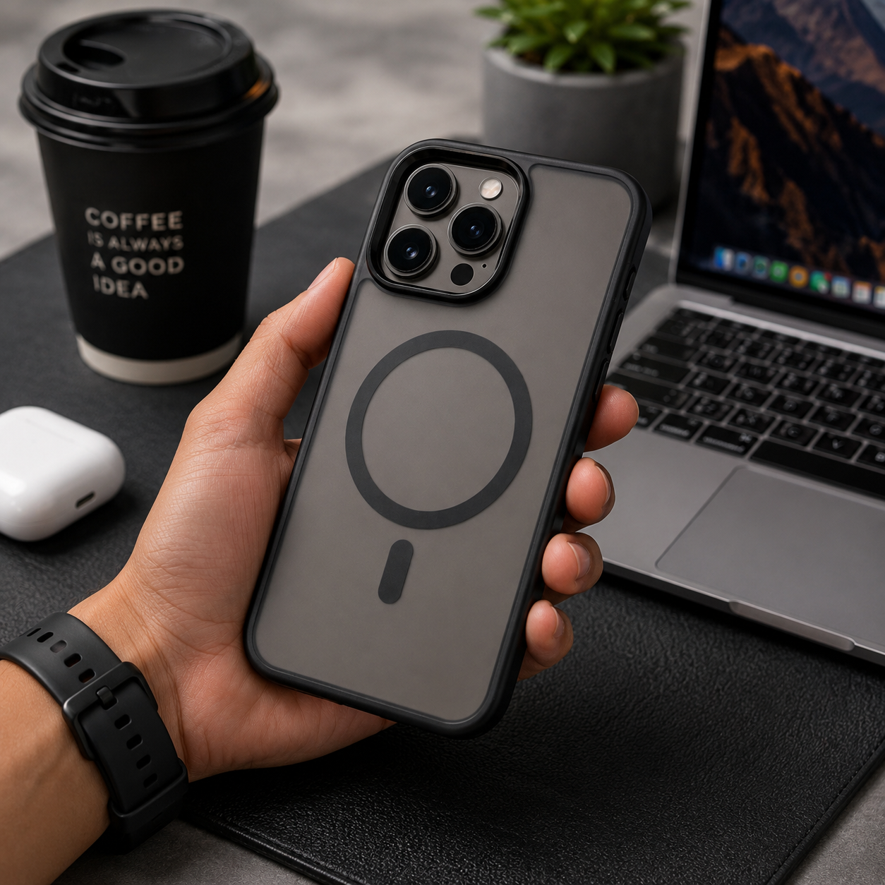 BitzShield MagSafe Series Matte Case for iPhone 15 Pro Max displayed in a modern workspace lifestyle setting