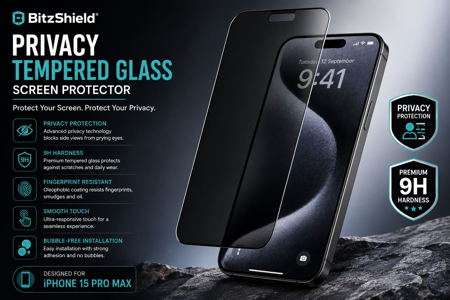 BitzShield Privacy Tempered Glass Screen Protector for iPhone 15 Pro Max with anti-spy viewing protection
