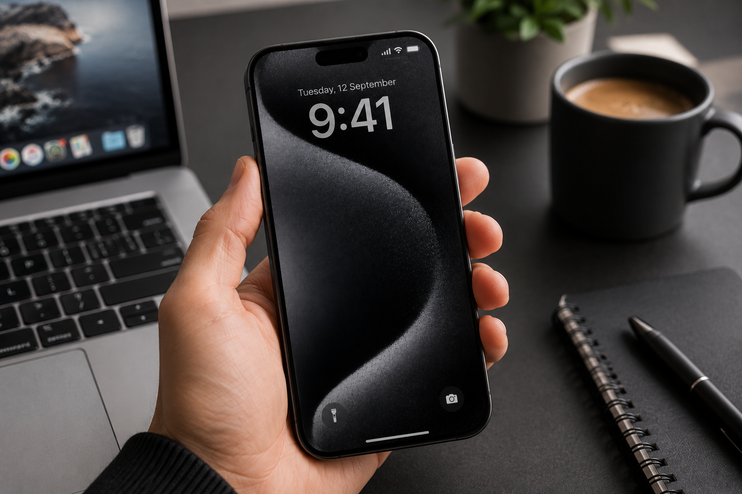 iPhone 15 Pro Max protected with BitzShield Privacy Tempered Glass Screen Protector in a professional workspace setting